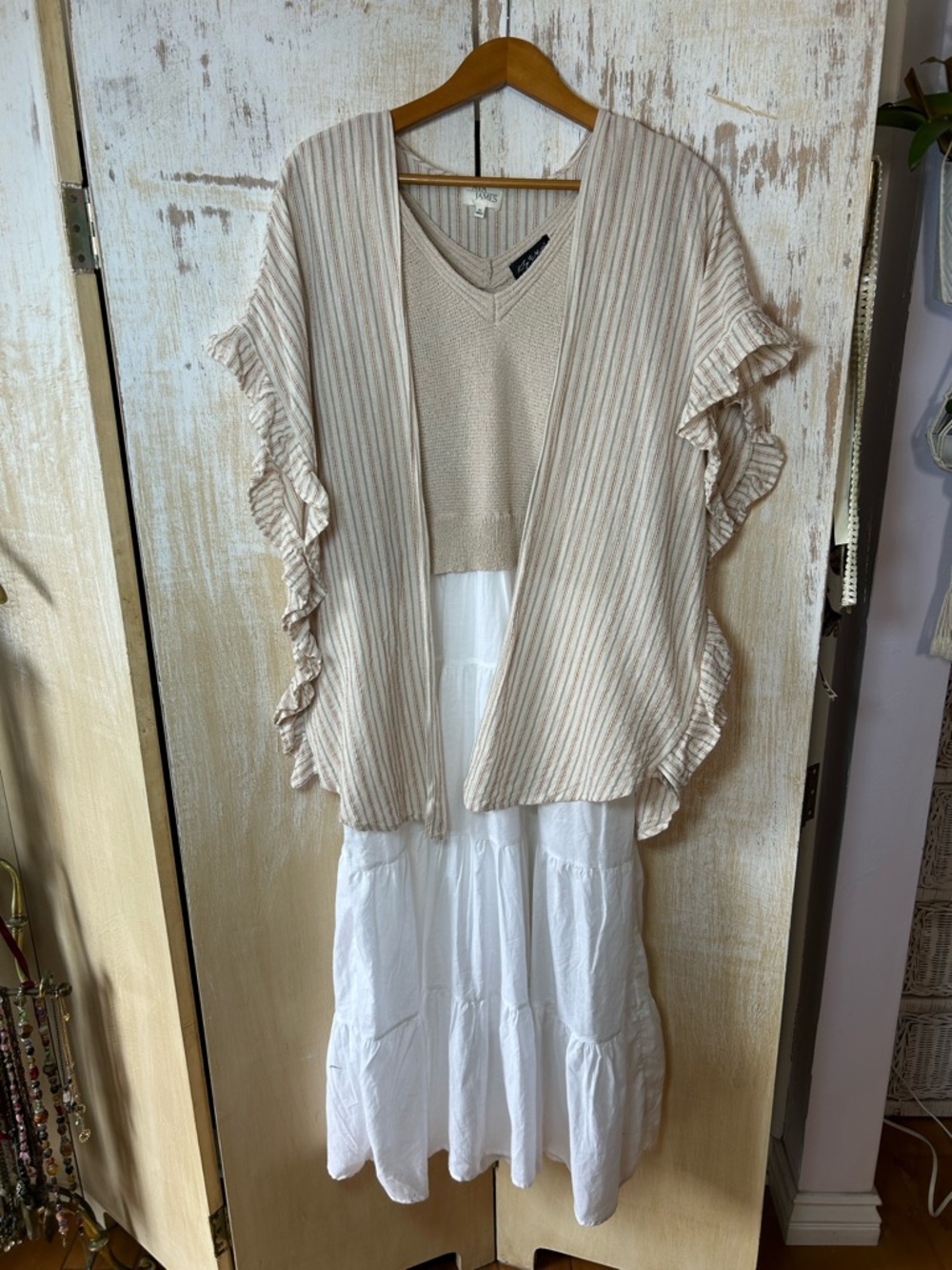 Cream Striped Open Front Ruffle Sleeve Top - Picture 4 of 8